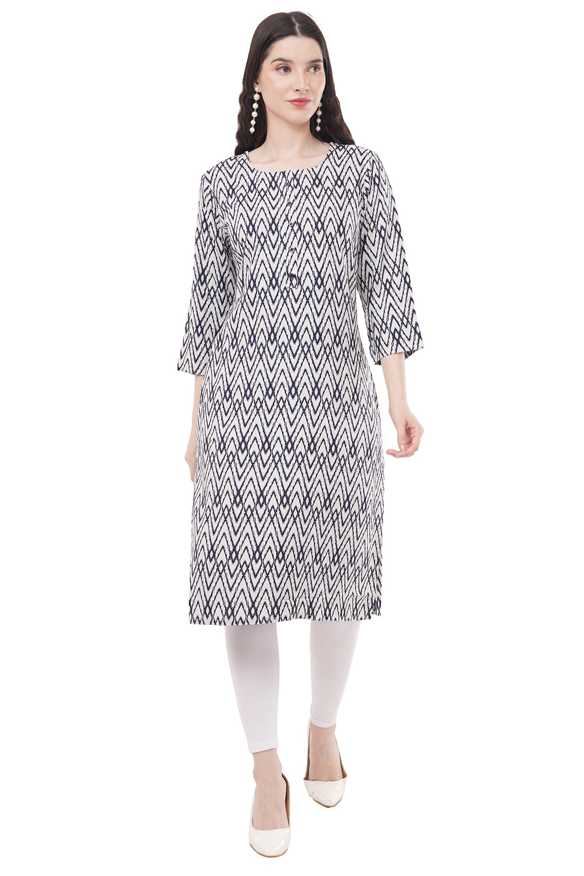 Elegant & Beautiful Printed White & Navy Blue Women's Kurta