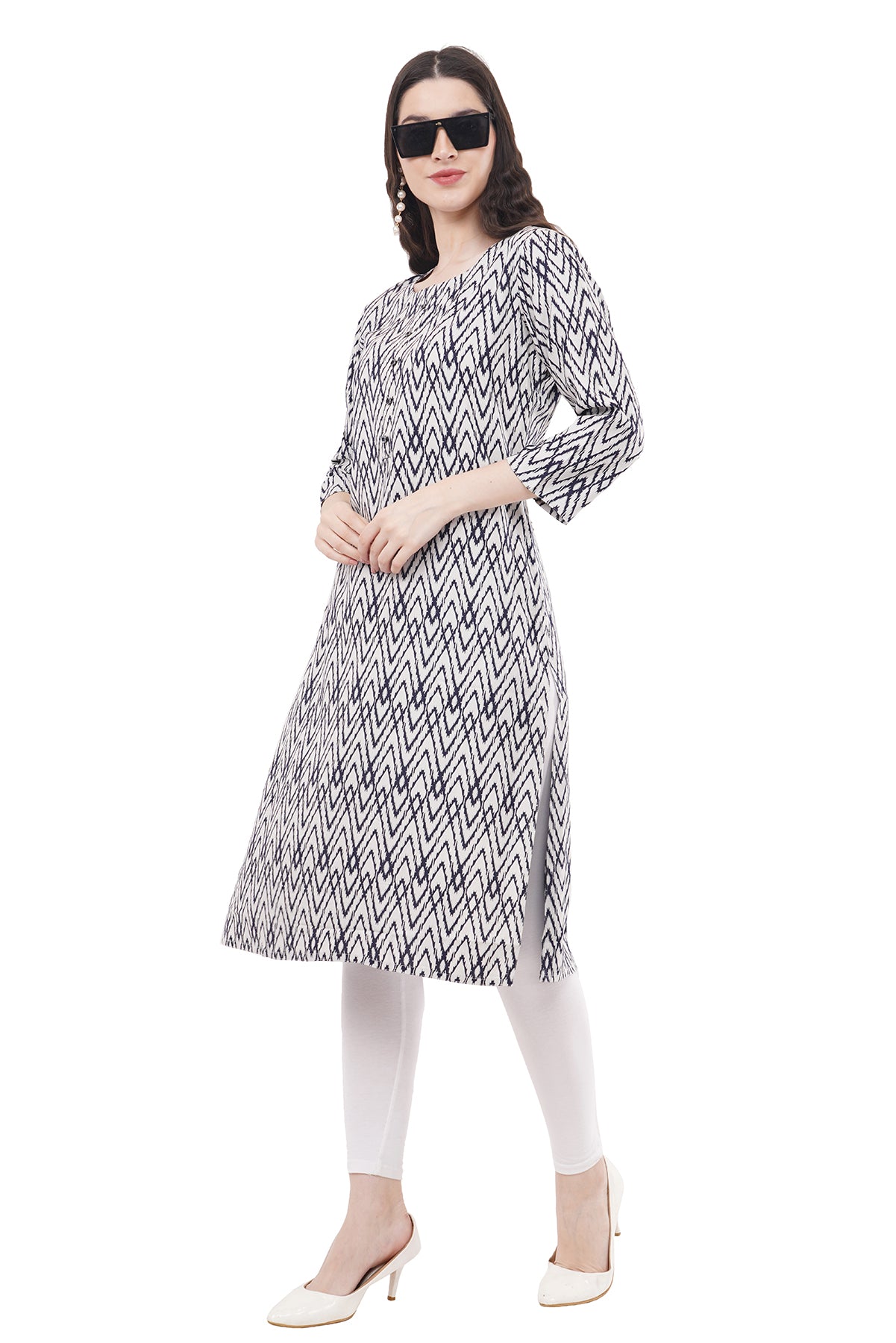 Elegant & Beautiful Printed White & Navy Blue Women's Kurta