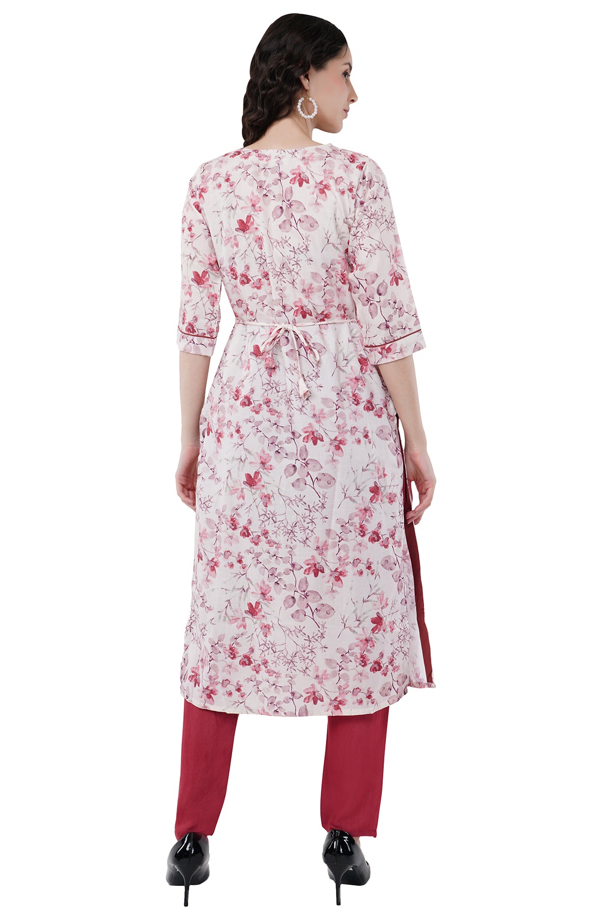 Trendy and Elegant Printed Cream & Burgundy Women's Kurta Set With Duppatta