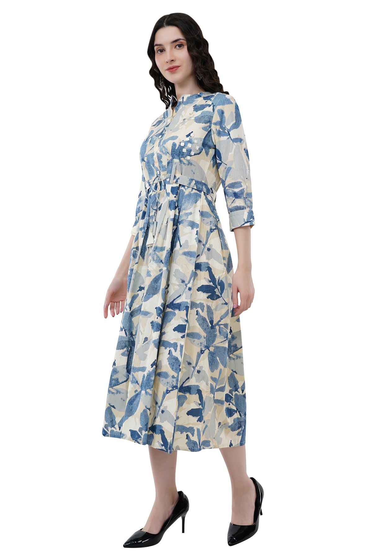 Elegant Ethnic Maxi Blue Floral Print Women's Dress