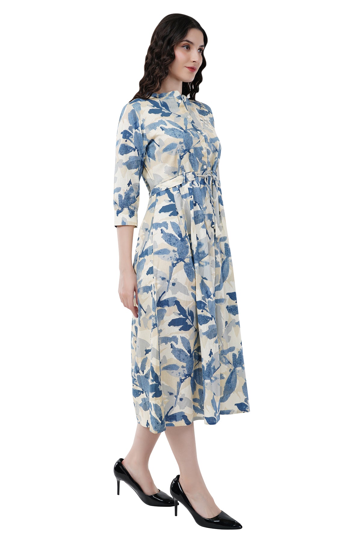 Elegant Ethnic Maxi Blue Floral Print Women's Dress