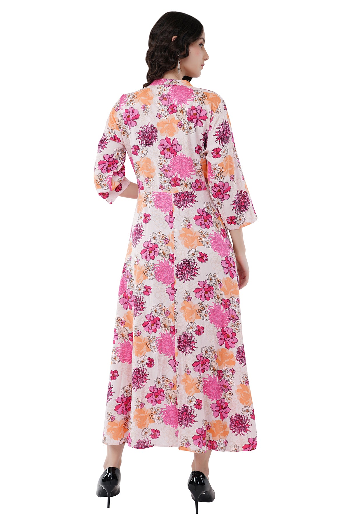 Elegant Ethnic Maxi Pink Floral Print Women's Dress