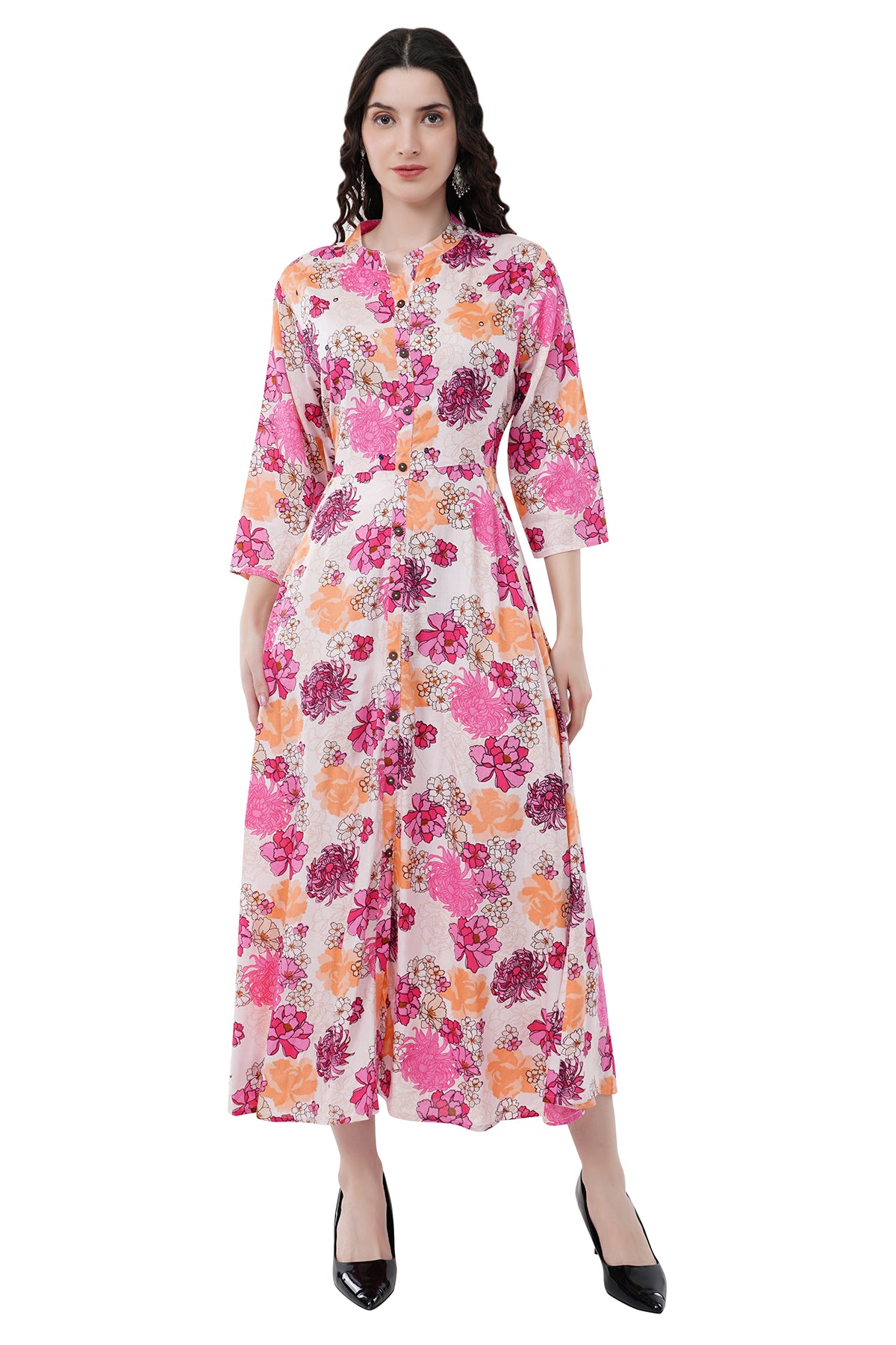 Elegant Ethnic Maxi Pink Floral Print Women's Dress