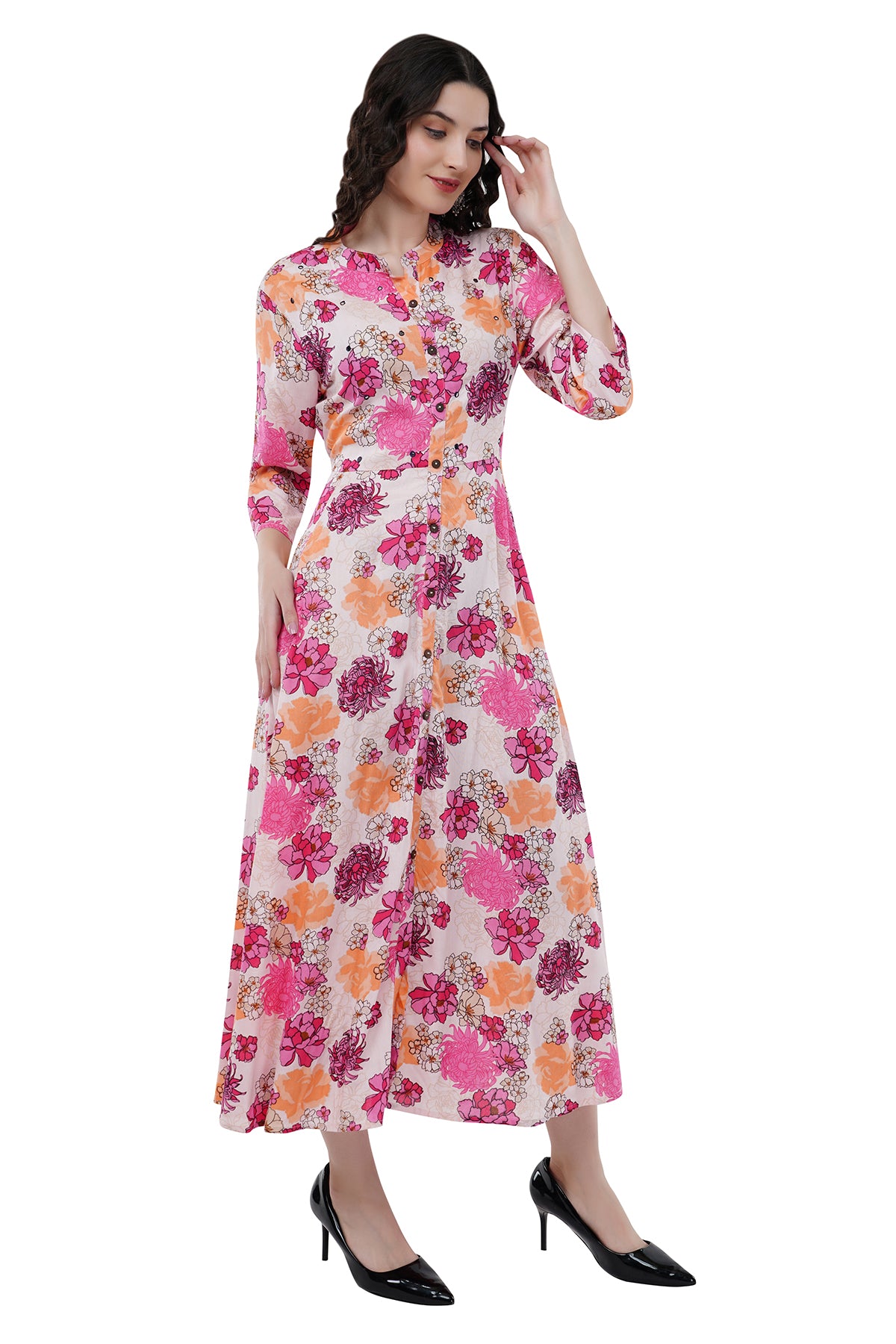 Elegant Ethnic Maxi Pink Floral Print Women's Dress