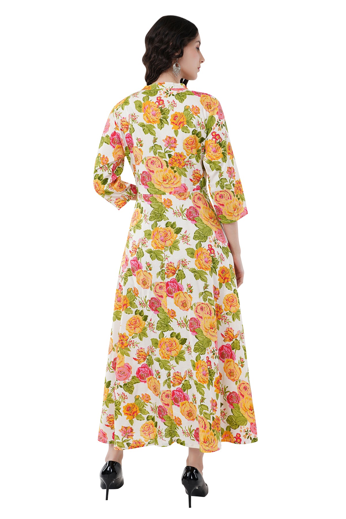 Elegant Ethnic Maxi Yellow Floral Print Women's Dress