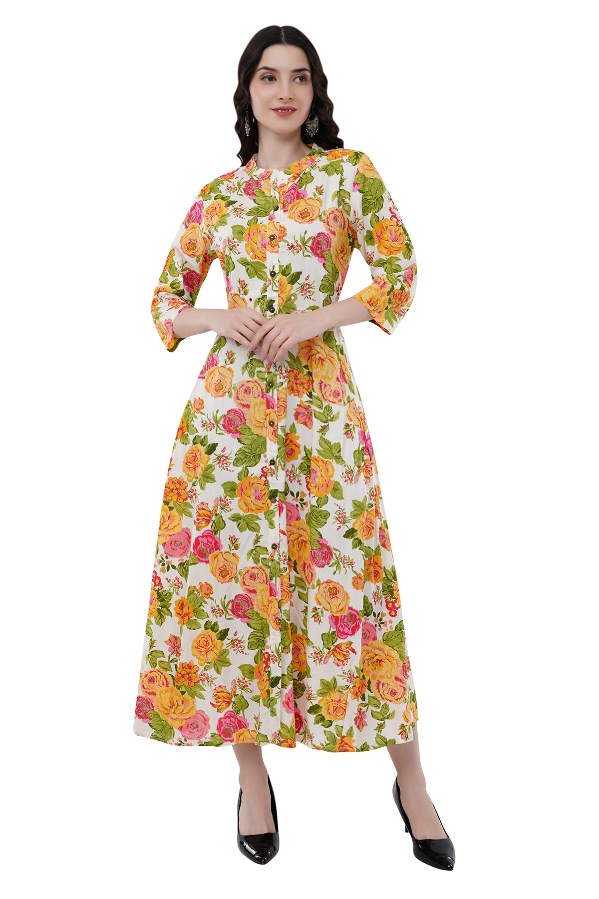 Elegant Ethnic Maxi Yellow Floral Print Women's Dress