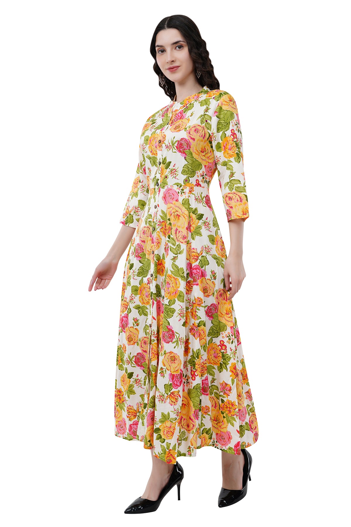Elegant Ethnic Maxi Yellow Floral Print Women's Dress
