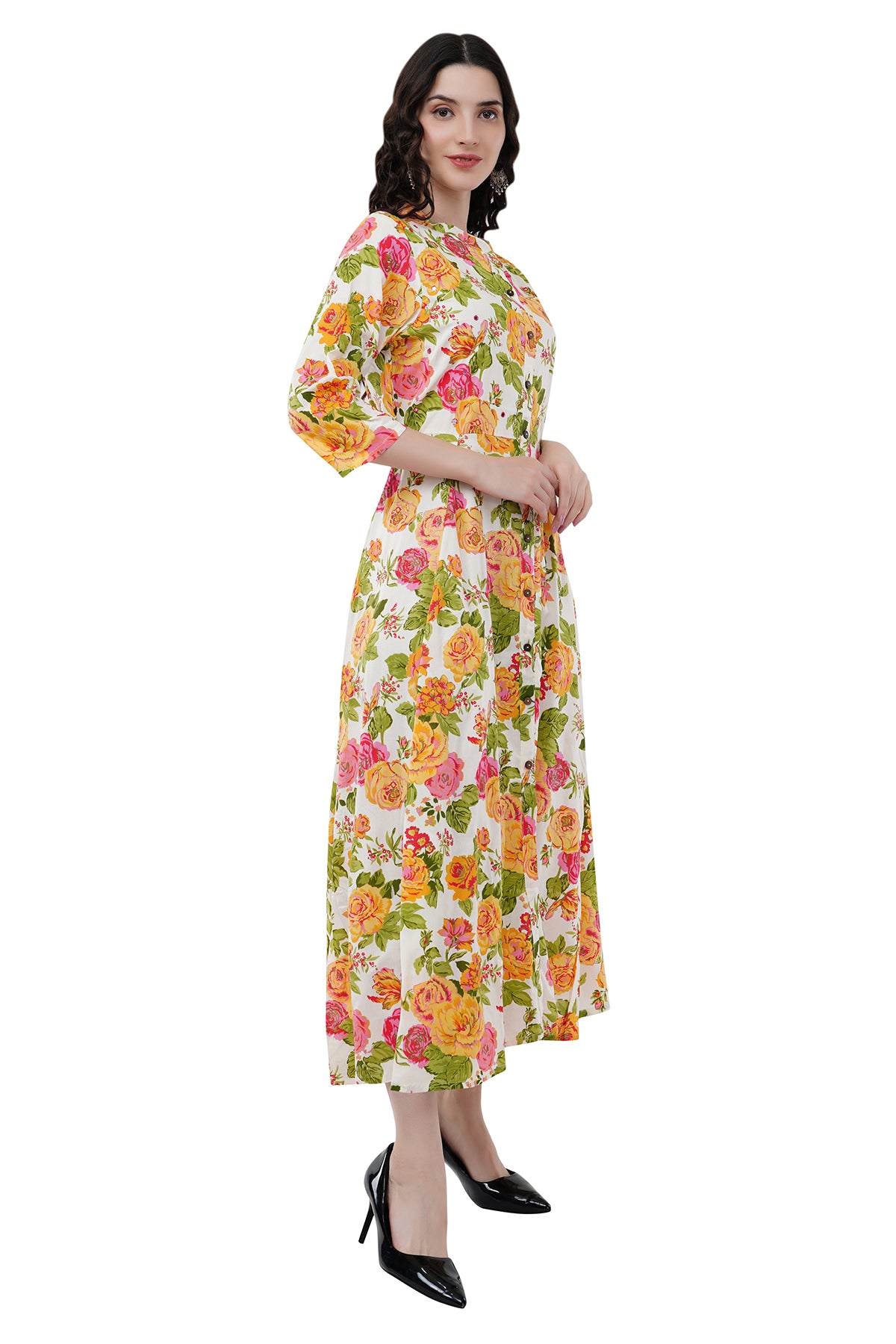 Elegant Ethnic Maxi Yellow Floral Print Women's Dress