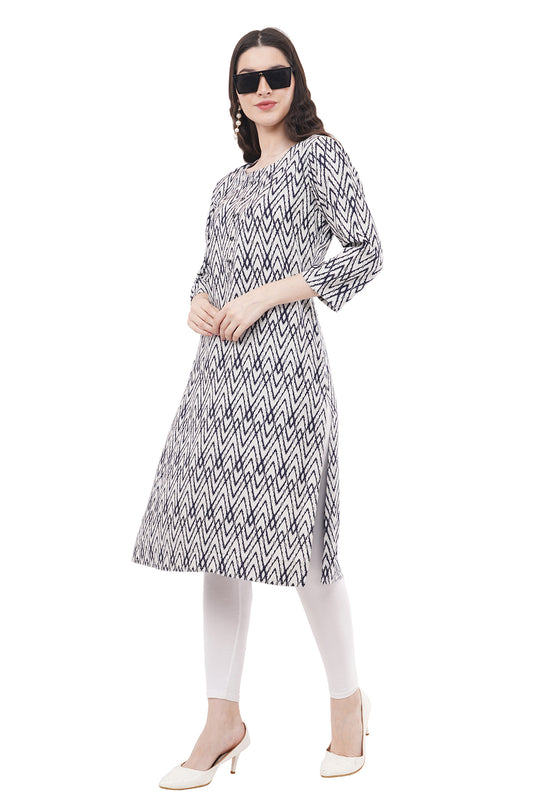 Elegant & Beautiful Printed White & Navy Blue Women's Kurta