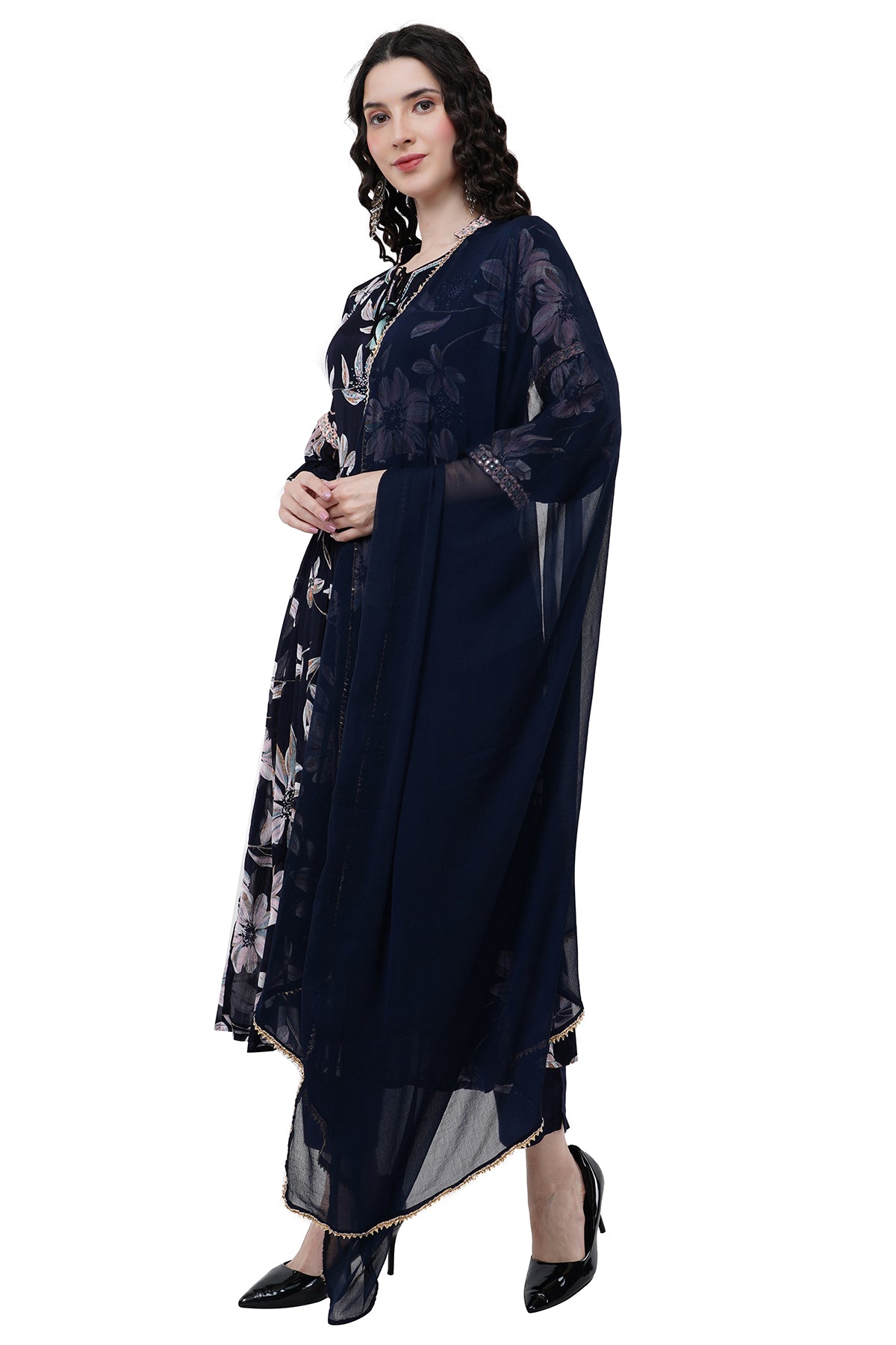 Trendy and Elegant Printed Black Women's Kurta Set With Dupatta
