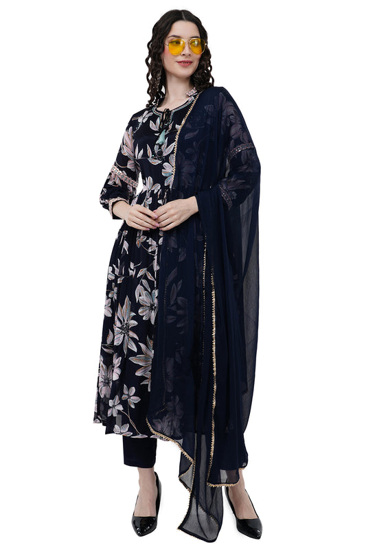 Trendy and Elegant Printed Black Women's Kurta Set With Dupatta