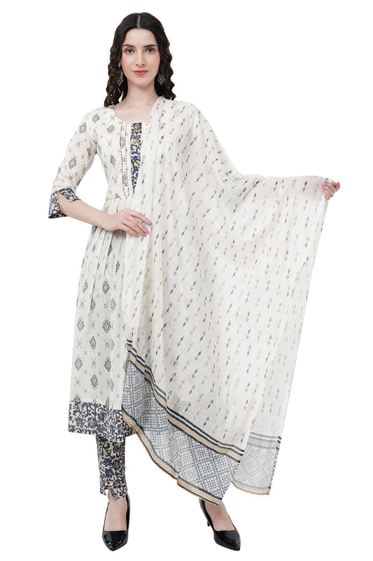 Trendy and Elegant Printed Cream & Grey Women's Kurta Set With Dupatta