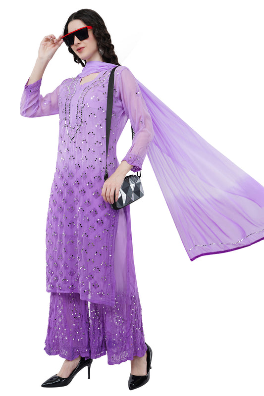 Chikankari Lavender Women's Kurta Set With Duppatta