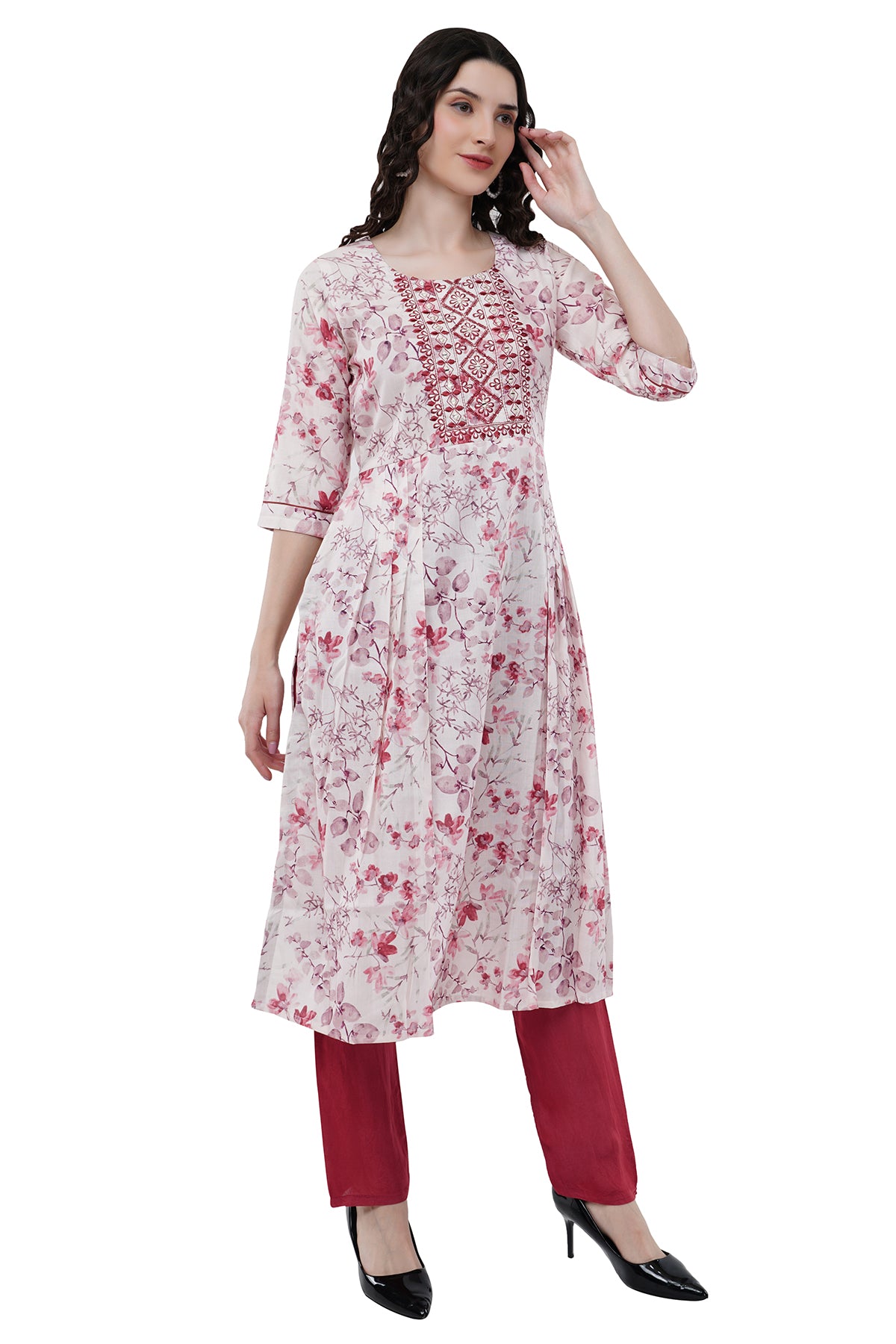 Trendy and Elegant Printed Cream & Burgundy Women's Kurta Set With Duppatta