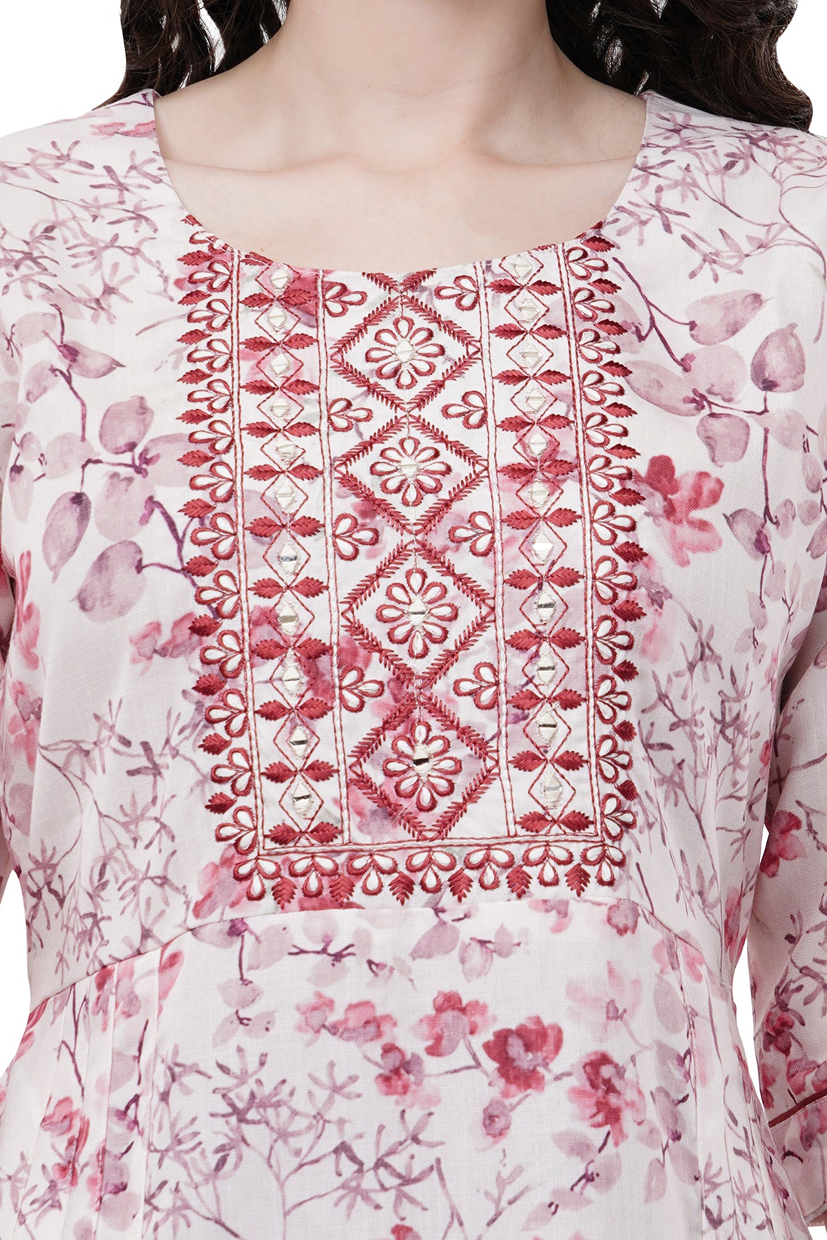 Trendy and Elegant Printed Cream & Burgundy Women's Kurta Set With Duppatta