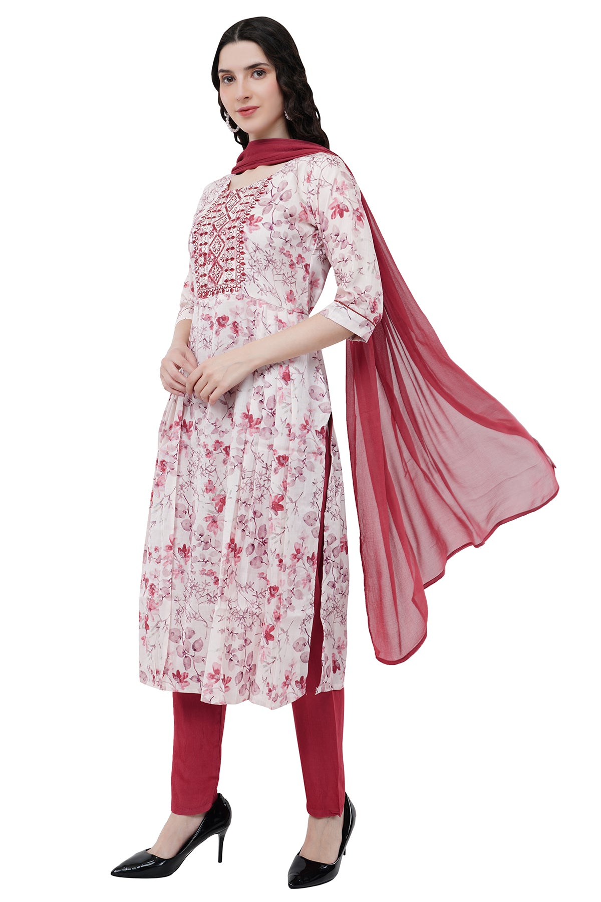 Trendy and Elegant Printed Cream & Burgundy Women's Kurta Set With Duppatta