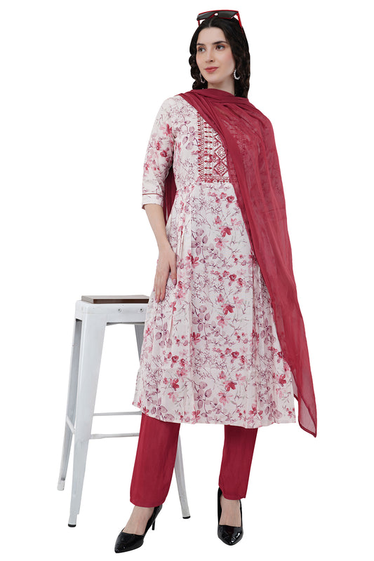 Trendy and Elegant Printed Cream & Burgundy Women's Kurta Set With Duppatta
