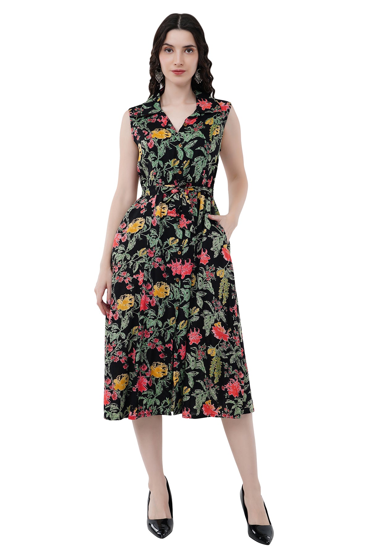 Elegant Ethnic Maxi Black Floral Print Women's Dress