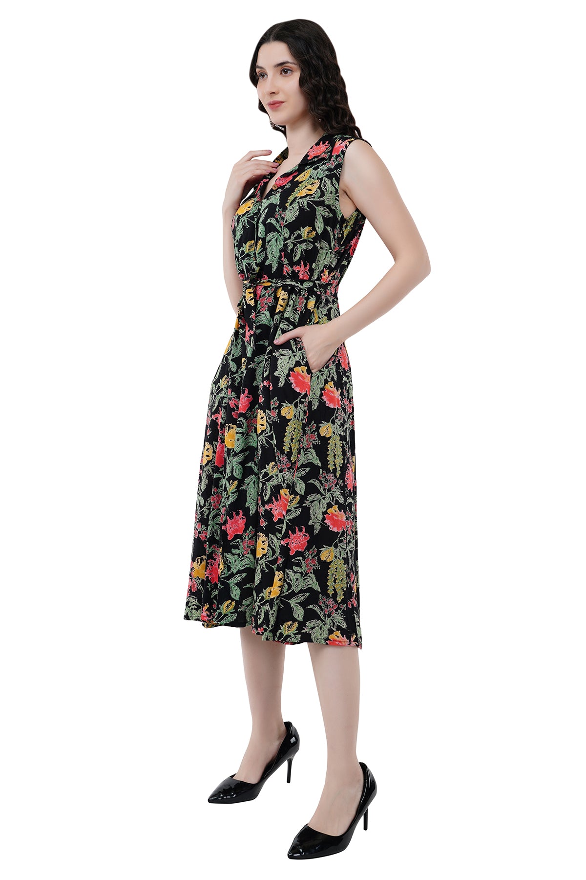 Elegant Ethnic Maxi Black Floral Print Women's Dress