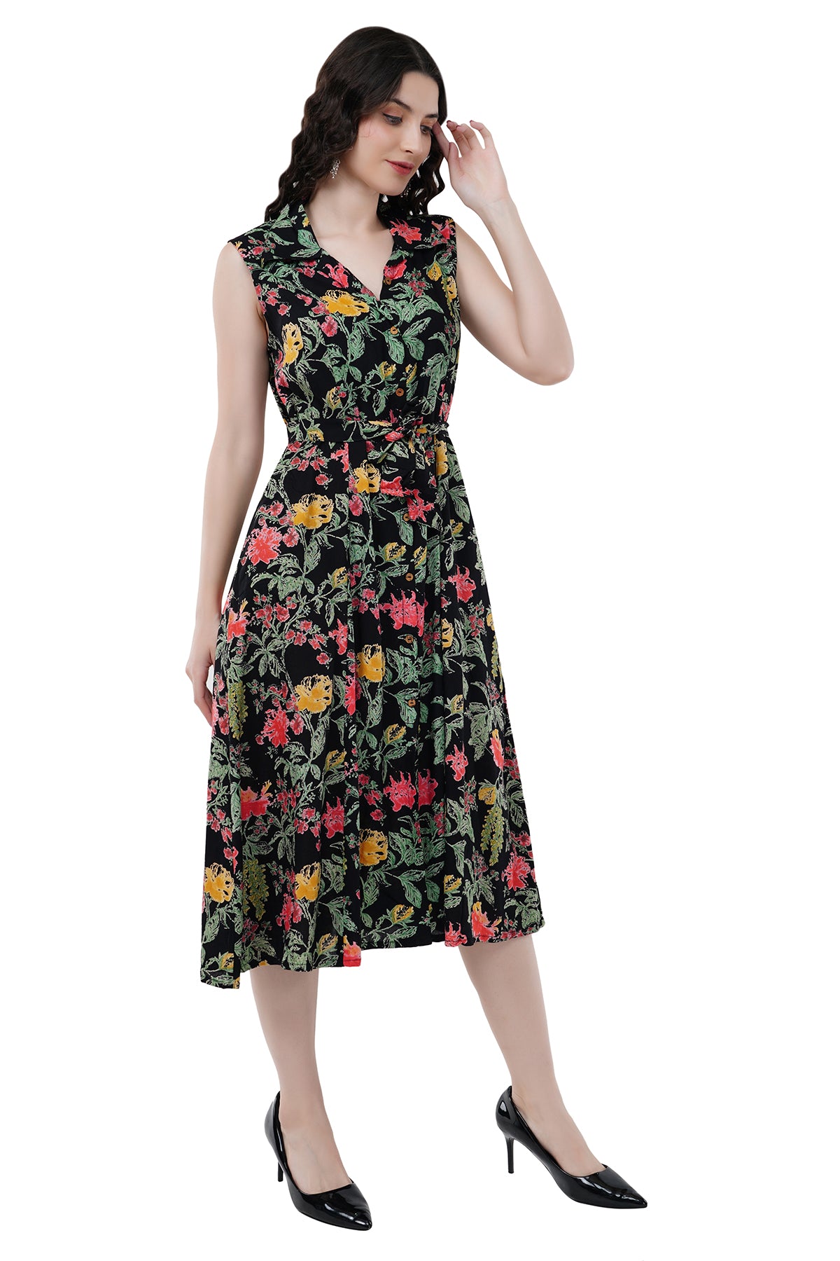 Elegant Ethnic Maxi Black Floral Print Women's Dress