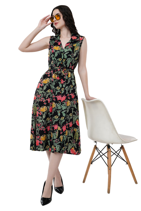 Elegant Ethnic Maxi Black Floral Print Women's Dress