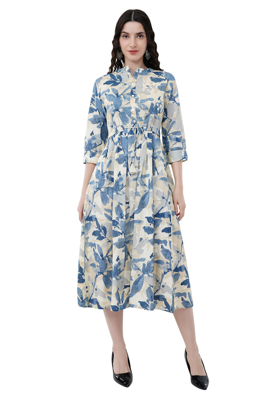 Elegant Ethnic Maxi Blue Floral Print Women's Dress