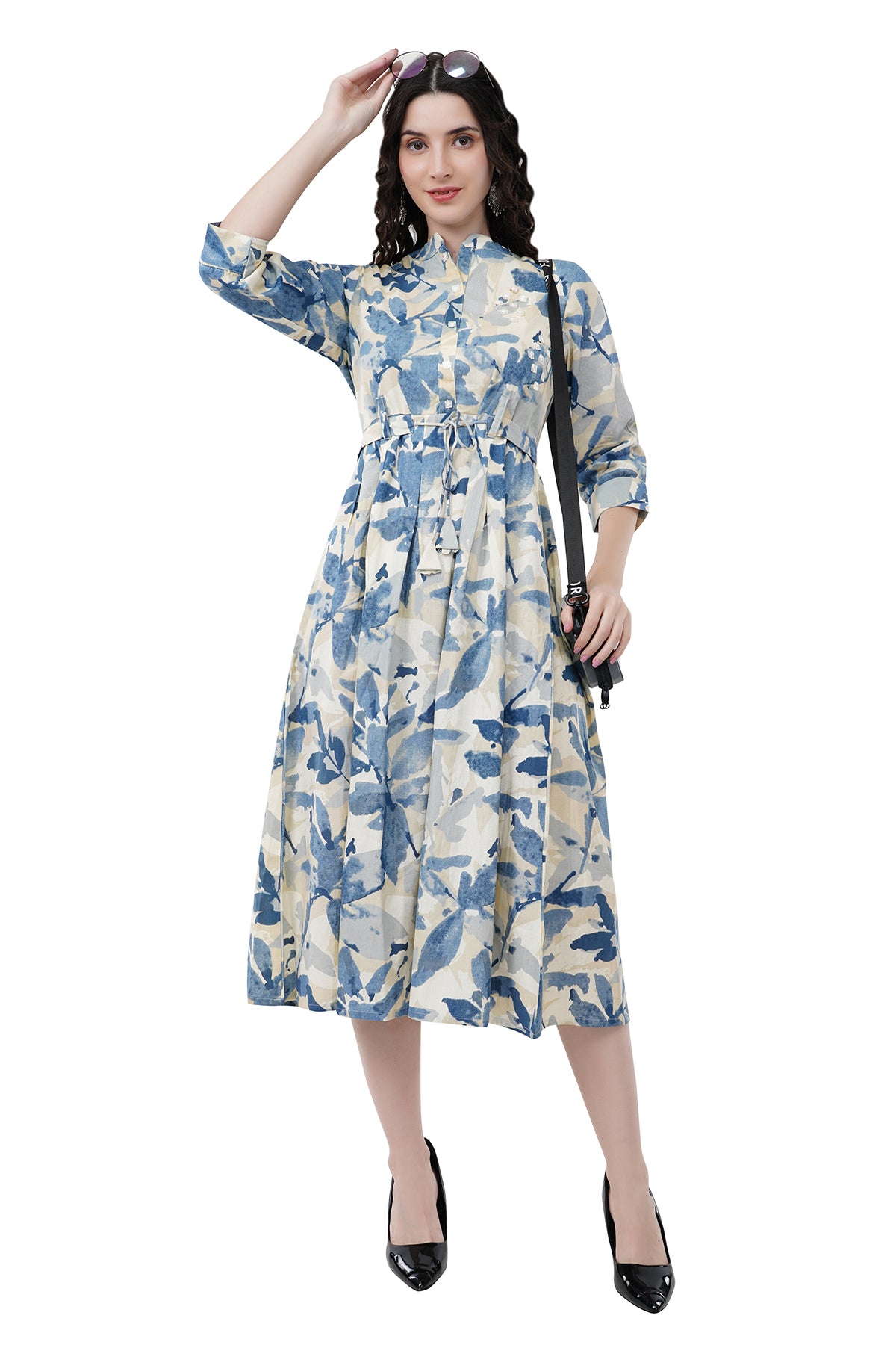 Elegant Ethnic Maxi Blue Floral Print Women's Dress