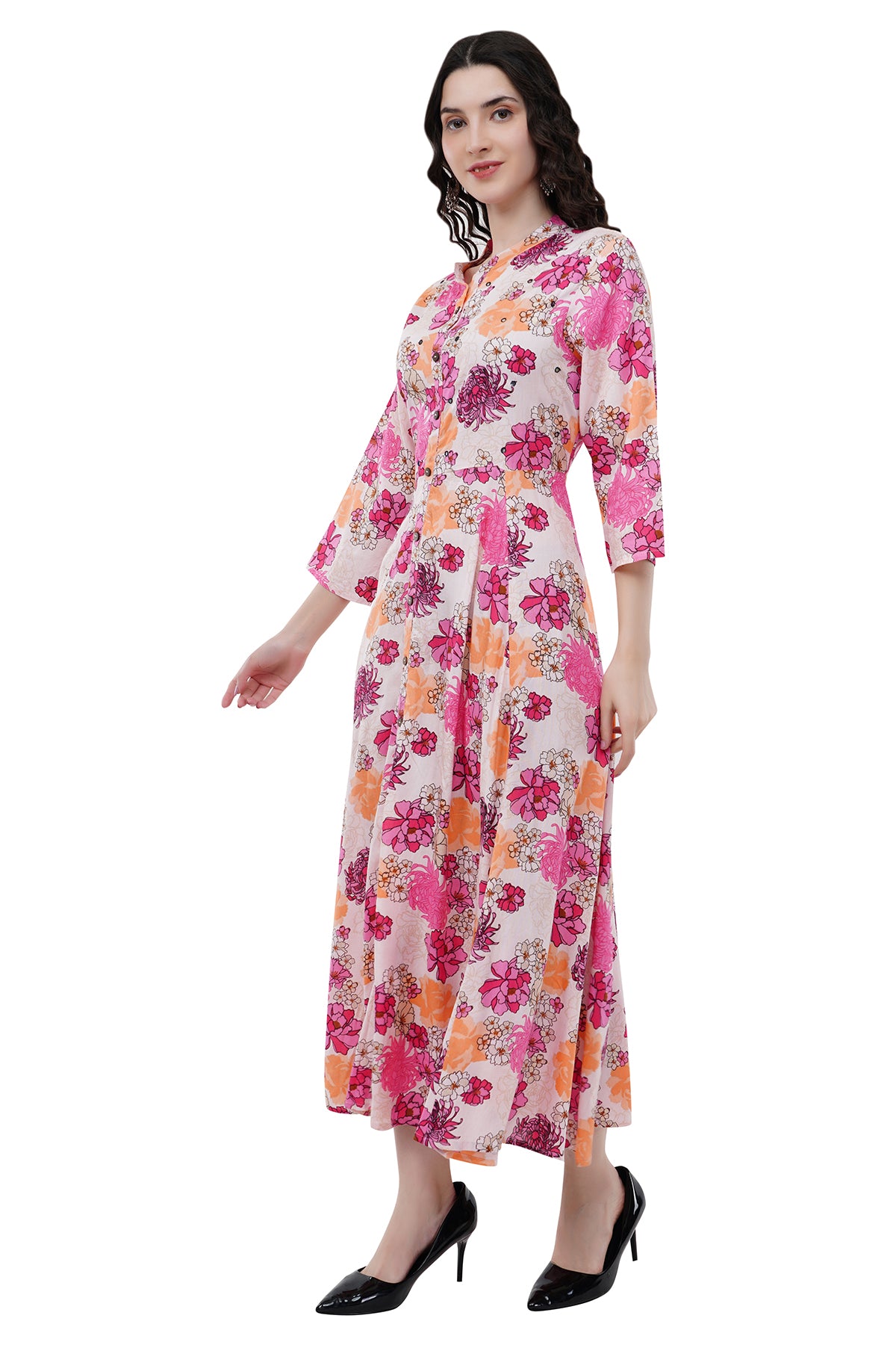 Elegant Ethnic Maxi Pink Floral Print Women's Dress