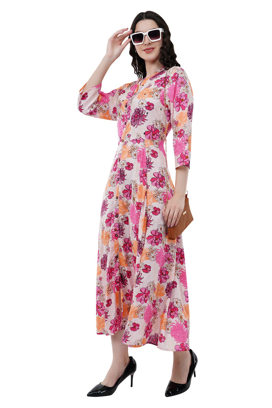 Elegant Ethnic Maxi Pink Floral Print Women's Dress