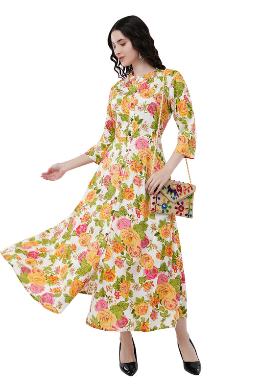 Elegant Ethnic Maxi Yellow Floral Print Women's Dress